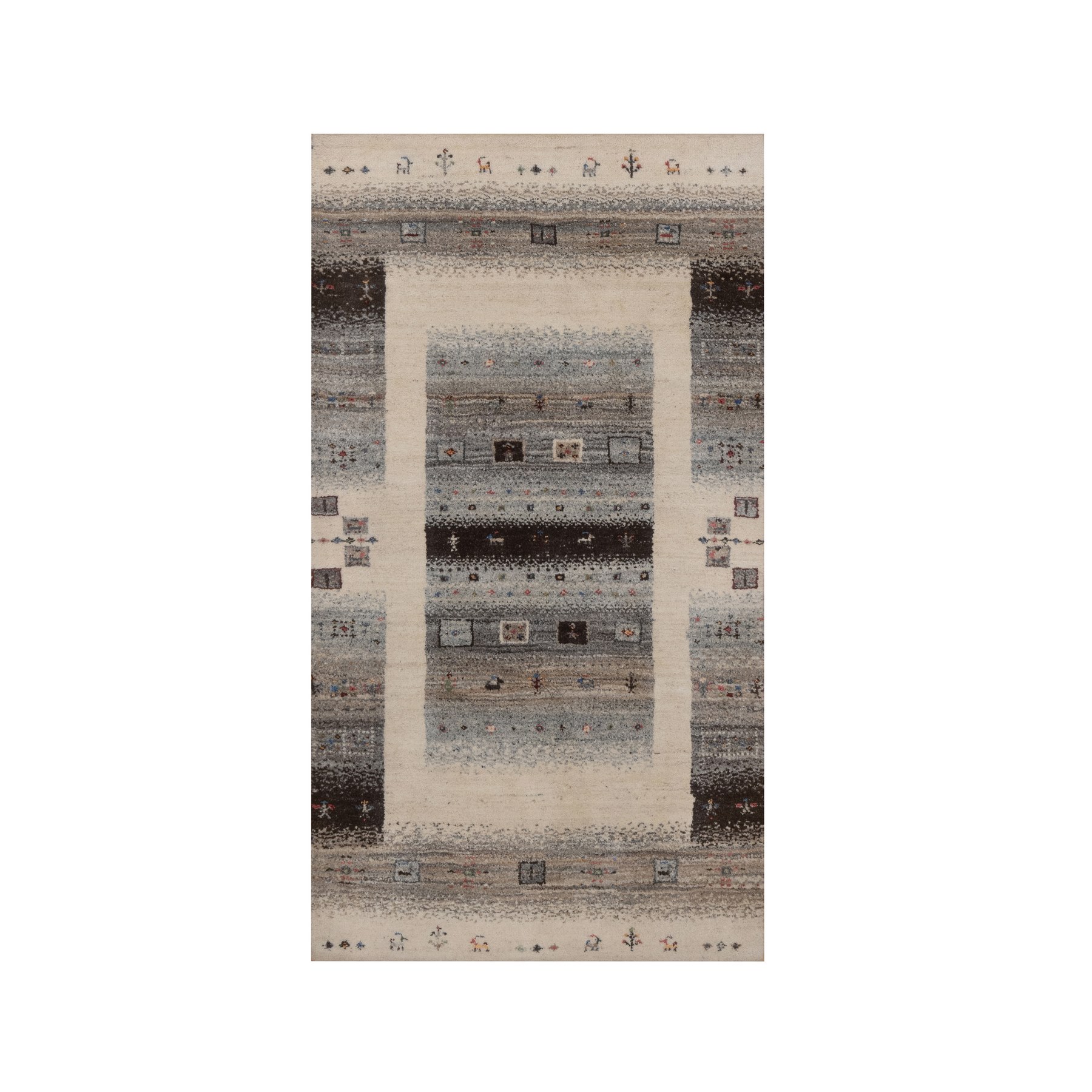 Parchment White, Thick and Plush, Lori Buft Gabbeh with Small Animal and Human Figurines, Modern, Hand Knotted, Pure Wool, Oriental Rug